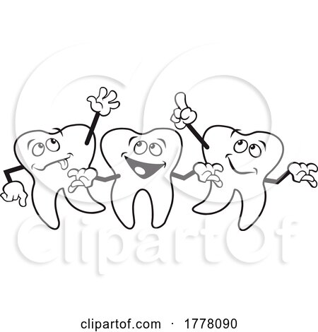 Cartoon Black and White Group of Happy Teeth Characters Dancing by Johnny Sajem