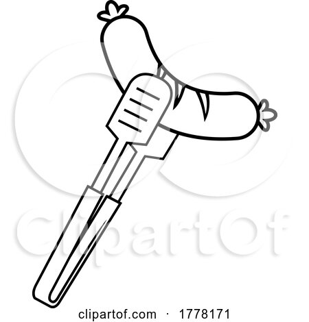 Cartoon Black and White Tongs Holding a Sausage by Hit Toon