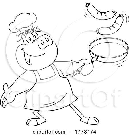 Cartoon Black and White Chef Pig Cooking Sausage by Hit Toon