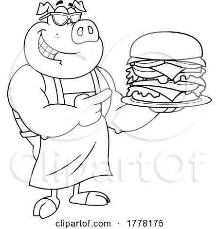 Cartoon Black and White Chef Pig Holding a Huge Double Cheeseburger on a Plate by Hit Toon