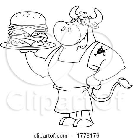 Cartoon Black and White Cow Chef Holding a Big Cheeseburger on a Platter by Hit Toon