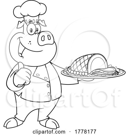 Cartoon Black and White Chef Pig Serving Ham by Hit Toon