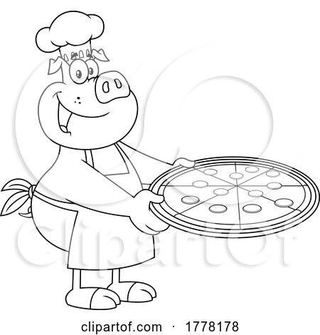 Cartoon Black and White Chef Pig Holding a Hot Pizza by Hit Toon