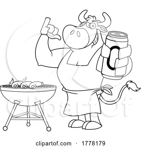 Cartoon Black and White Cow Chef Grilling Sausages and Holding a Beer by Hit Toon