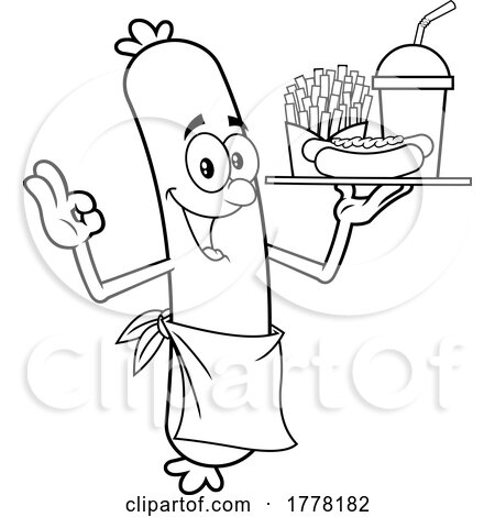 Cartoon Black and White Sausage Chef Serving Fries a Drink and Hot Dog by Hit Toon