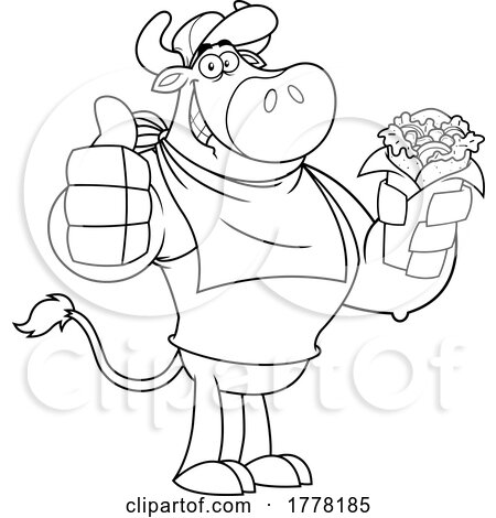 Cartoon Black and White Cow Holding a Burrito and Giving a Thumbs up by Hit Toon