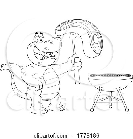 Cartoon Black and White Crocodile Grilling a Steak by Hit Toon