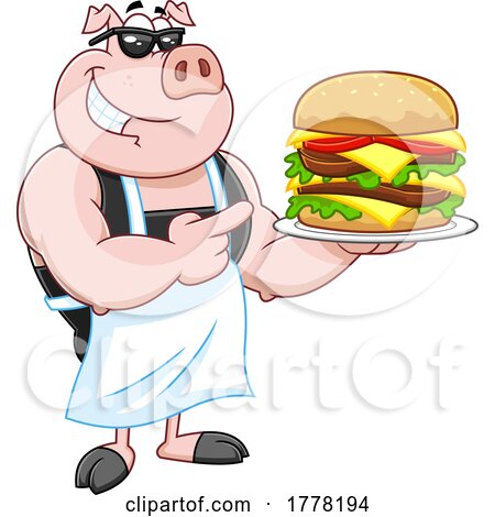 Cartoon Chef Pig Holding a Huge Double Cheeseburger on a Plate by Hit Toon