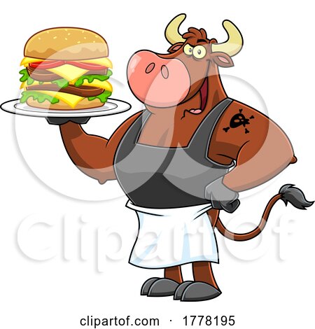Cartoon Cow Chef Holding a Big Cheeseburger on a Platter by Hit Toon