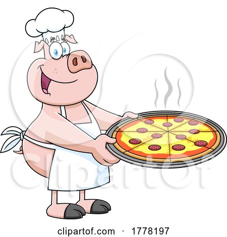 Cartoon Chef Pig Holding a Hot Pizza by Hit Toon