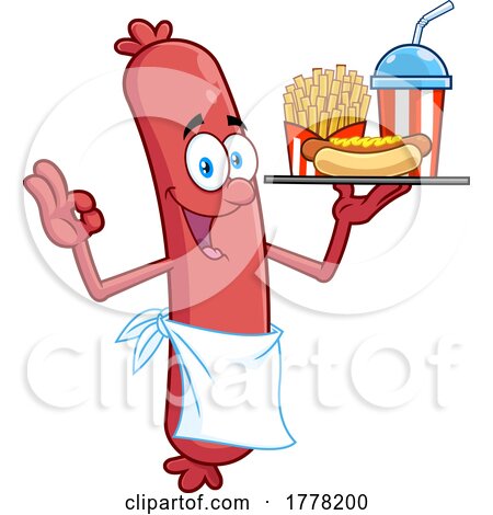 Cartoon Sausage Chef Serving Fries a Drink and Hot Dog by Hit Toon