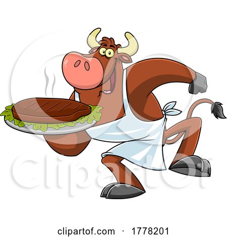 Cartoon Cow Chef Holding a Steamy Steak on a Plate by Hit Toon