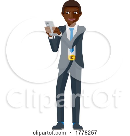 Black Business Man Holding Phone Cartoon Mascot by AtStockIllustration