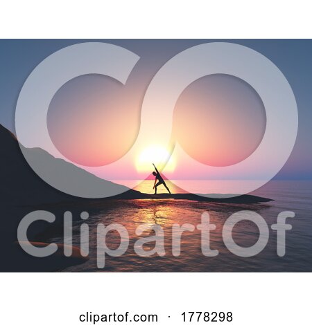 3D Female in Yoga Pose on a Stepping Stone in a Sunset Ocean Landscape by KJ Pargeter