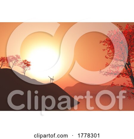 3D Sunset Landscape with Female in Yoga Pose on Cliff with Trees by KJ Pargeter