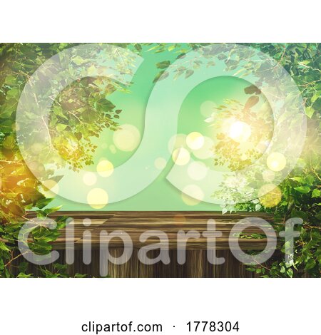 3D Wooden Table with Green Leaves Against a Defocussed Background by KJ Pargeter