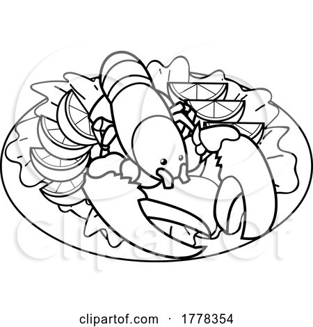 Cartoon Black and White Cooked Lobster on a Plate by Hit Toon