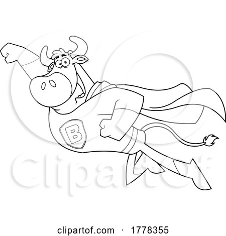 Cartoon Black and White Flying Super Hero Bull Mascot Character by Hit Toon