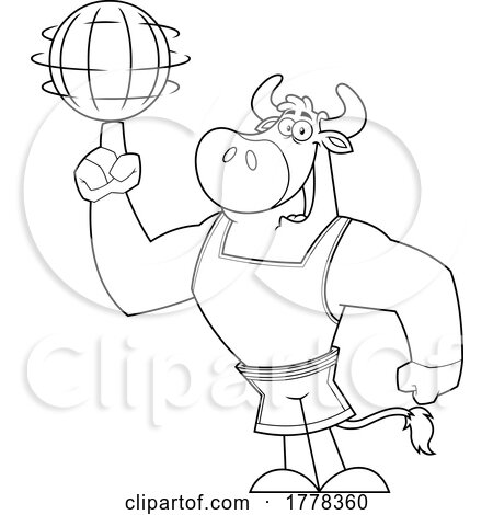 Cartoon Black and White Bull Basketball Player Mascot Character Spinning a Ball on His Finger by Hit Toon