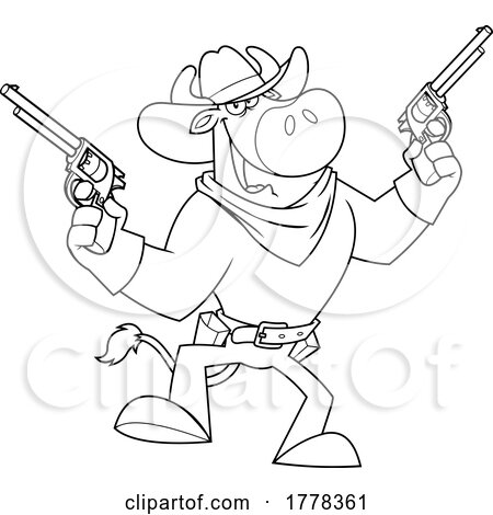 Cartoon Black and White Western Bull Mascot Character Outlaw with Guns by Hit Toon