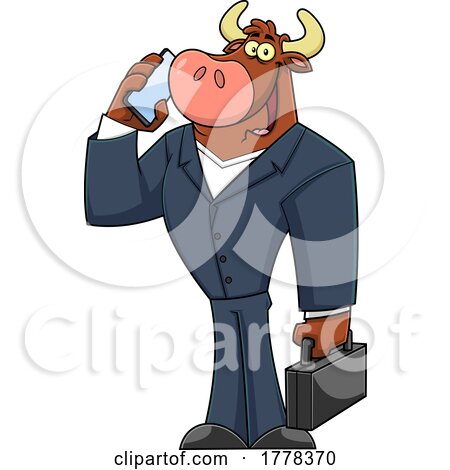 Cartoo Bull Business Man Mascot Character Talking on a Mobile Phone by Hit Toon