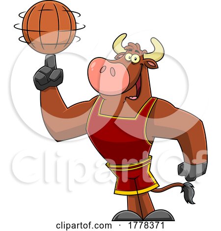 Cartoon Bull Basketball Player Mascot Character Spinning a Ball on His Finger by Hit Toon