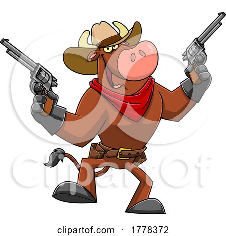 Cartoon Western Bull Mascot Character Outlaw with Guns by Hit Toon