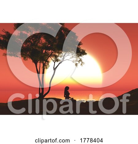 3D Sunset Landscape with Female in Yoga Pose Under a Tree by KJ Pargeter