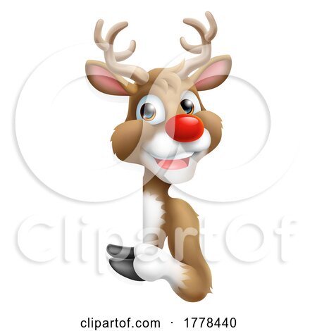 Christmas Reindeer Peeking Around a Sign and Pointing by AtStockIllustration