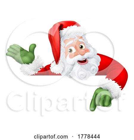 Cartoon Santa Claus or Father Christmas Peeking over a Sign and Presenting by AtStockIllustration