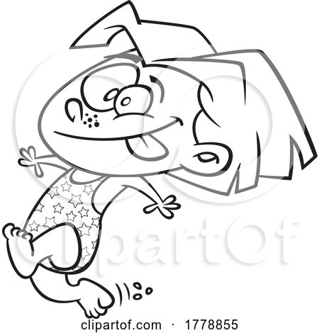 Cartoon Black and White Summer Girl Running to Go Swimming by toonaday