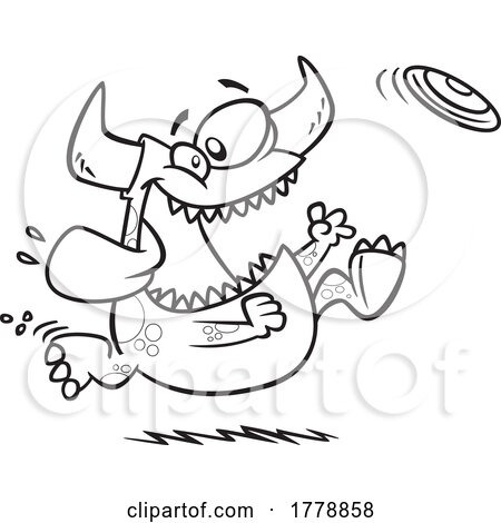 Cartoon Black and White Monster Chasing a Frisbee by toonaday
