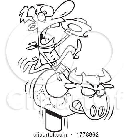 Cartoon Black and White Cowboy Riding a Mechanical Bull by toonaday