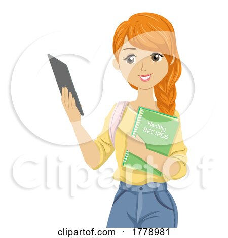 Teen Girl Book Tablet Healthy Recipes Illustration by BNP Design Studio