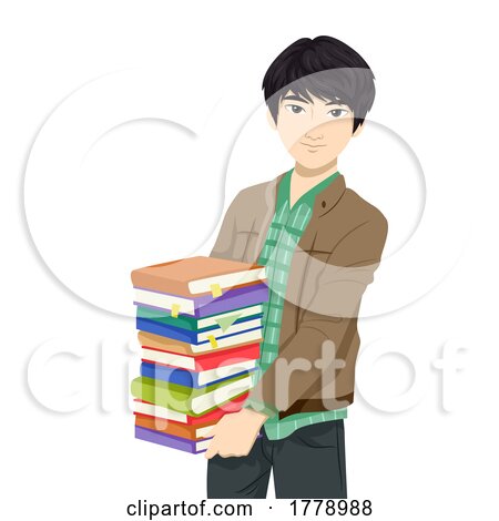 Teen Boy Asian Student Stack Books Illustration by BNP Design Studio