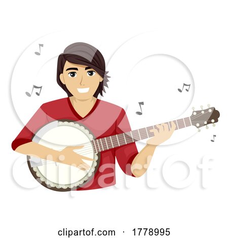 Teen Guy Play Banjo Music Notes Illustration by BNP Design Studio