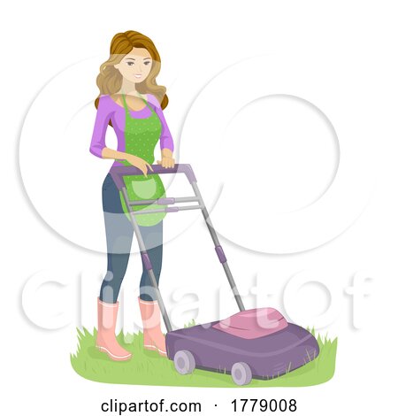 Teen Girl Lawn Mower Grass Illustration by BNP Design Studio