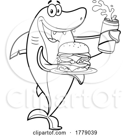Cartoon Black and White Shark with a Beer and Double Cheeseburger by Hit Toon