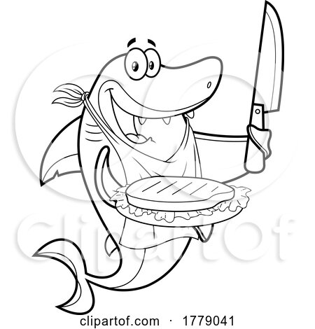 Cartoon Black and White Shark Holding a Steak and Knife by Hit Toon