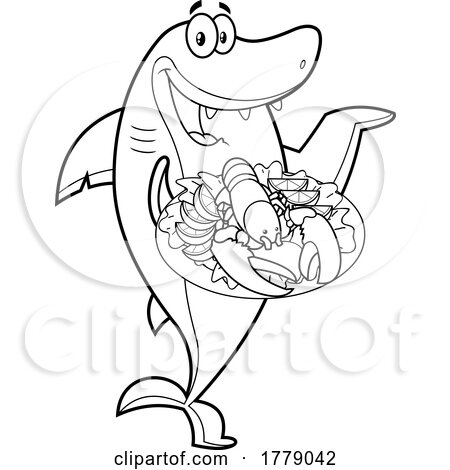 Cartoon Black and White Shark with a Plate of Lobster by Hit Toon