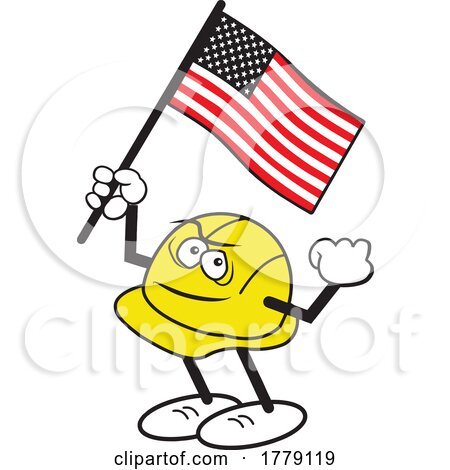 Cartoon Strong Hardhat Mascot Holding an American Flag by Johnny Sajem