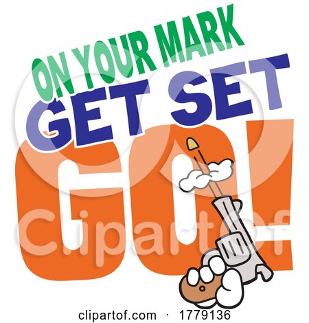 Cartoon Hand Shooting a Gun with on Your Mark Get Set Go Text by Johnny Sajem