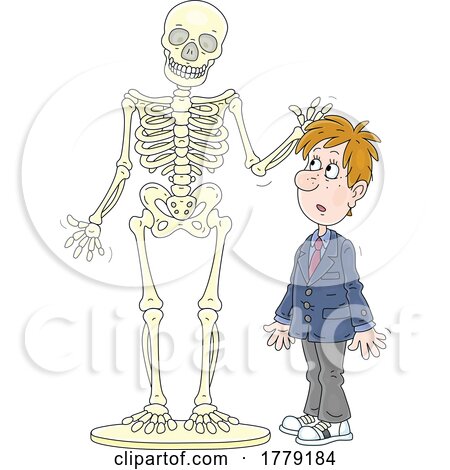 Cartoon Student and Anatomy Skeleton Touching His Head by Alex Bannykh