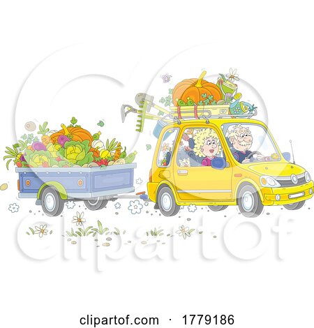Cartoon Senior Couple Hauling Fresh Produce and Garden Tools Posters, Art Prints
