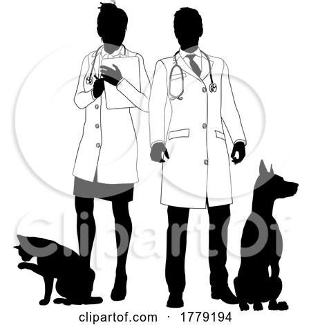 Man and Woman Vets Dog and Cat Pets Silhouette by AtStockIllustration