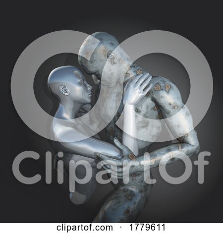 3D Modern Art Background with Couple Embracing - One Metallic Silver and One Rusty Metal by KJ Pargeter