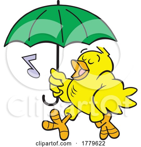 Cartoon Bird Singing in the Rain and Walking with an Umbrella by Johnny Sajem