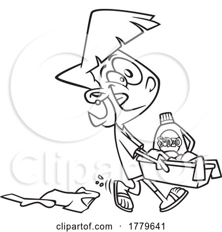 Cartoon Black and White Girl Carrying a Laundry Basket by toonaday