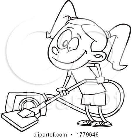 Cartoon Black and White Girl Vacuuming by toonaday