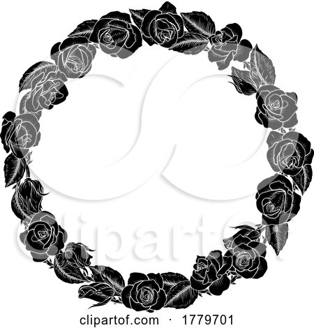 Roses Woodcut Vintage Style Flower Circle Wreath by AtStockIllustration